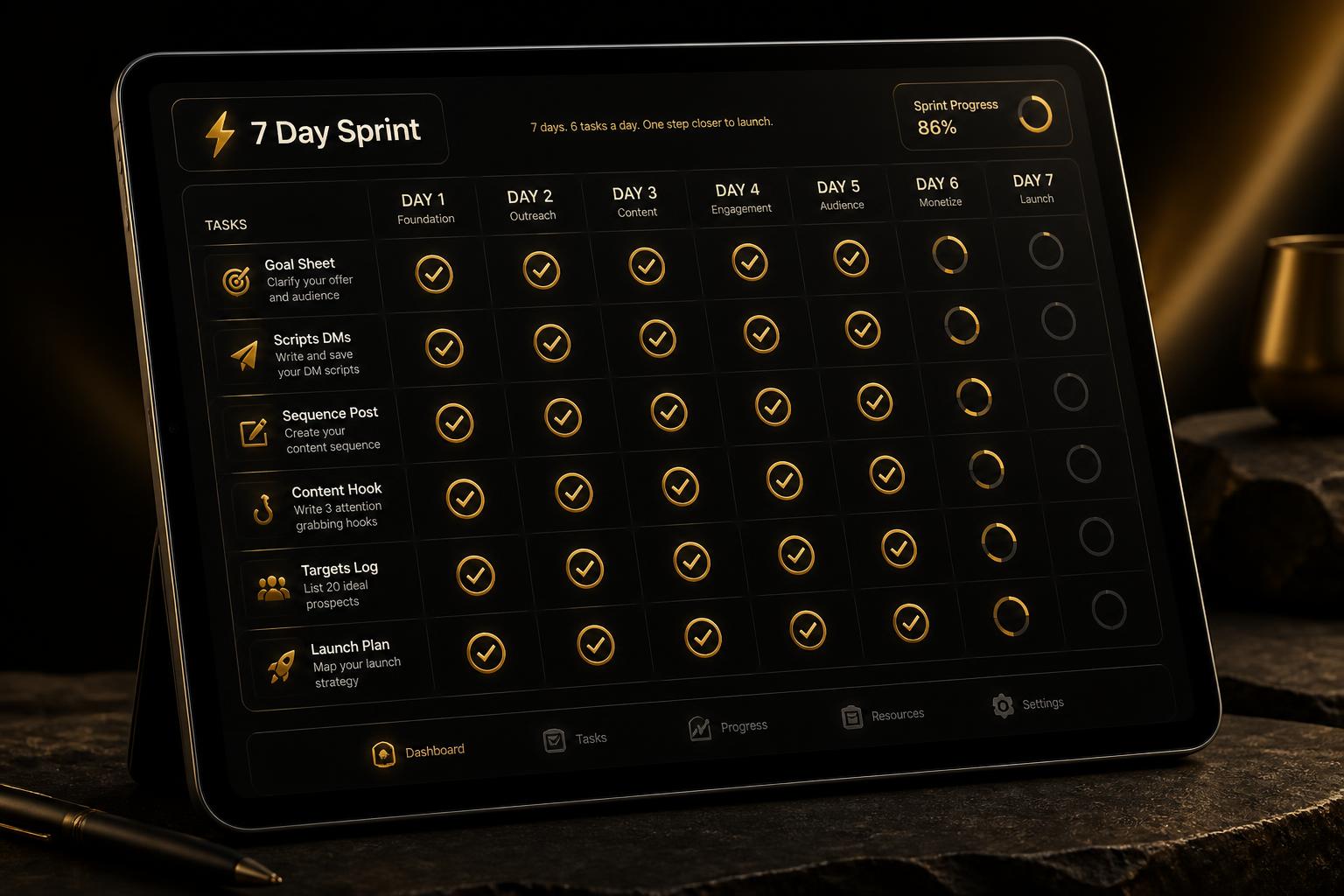 The 7 Day Sprint app on a tablet with all seven days and tasks ticked in gold