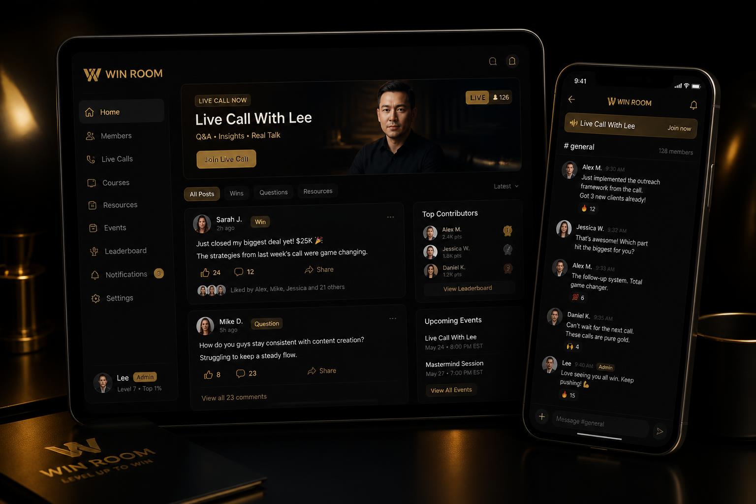 The WIN Room community app on a tablet and phone — live call and member feed