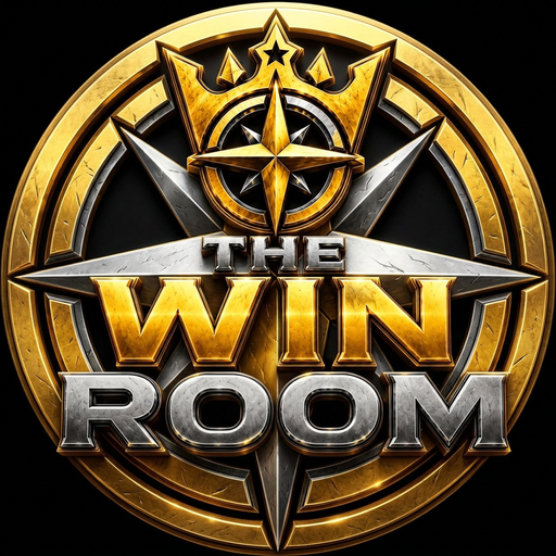 The WIN Room circular gold emblem